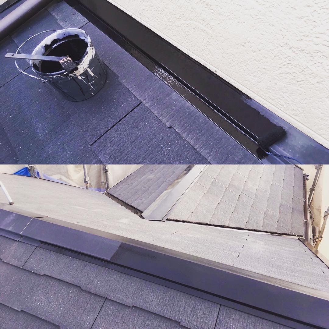 屋根の棟押さえ、水切り金具の下塗り塗装1